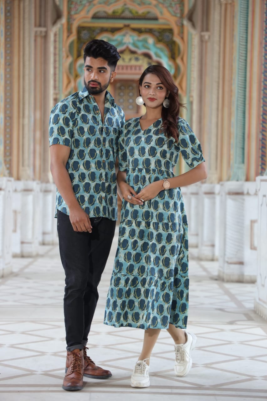 Bagru Hand Block Printed Cotton Frill One-Piece Dress with a Matching Shirt