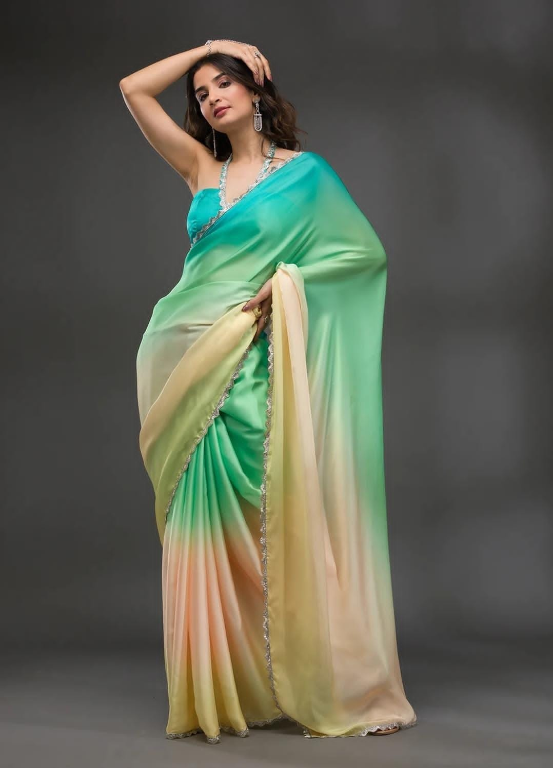 Digital Satin Design adorned with a stunning Sirovski Work Border Saree