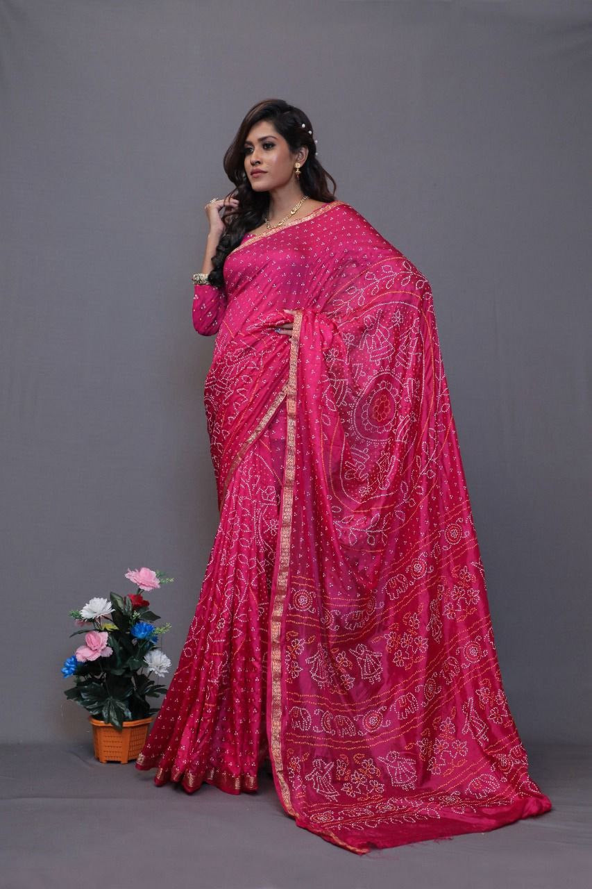 Tafeta Silk Handi Crafted Bandhej Saree