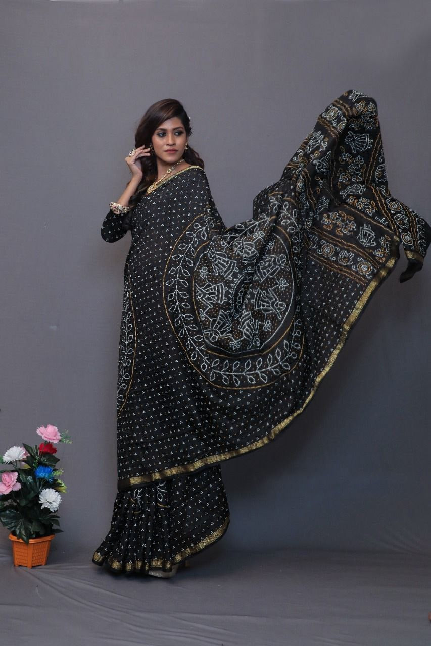 Tafeta Silk Handi Crafted Bandhej Saree