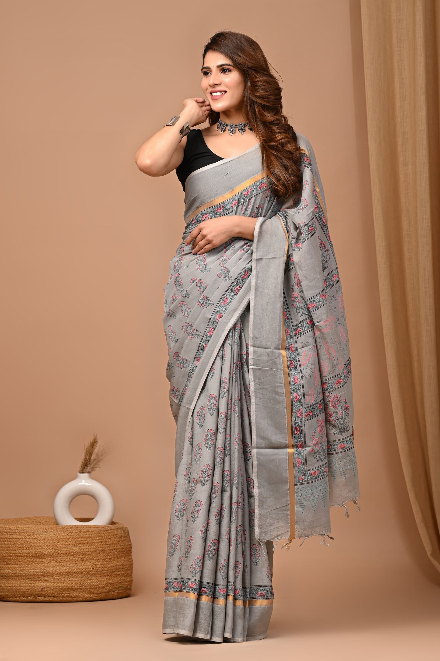 Assam Silk Hand-Block Printed Saree