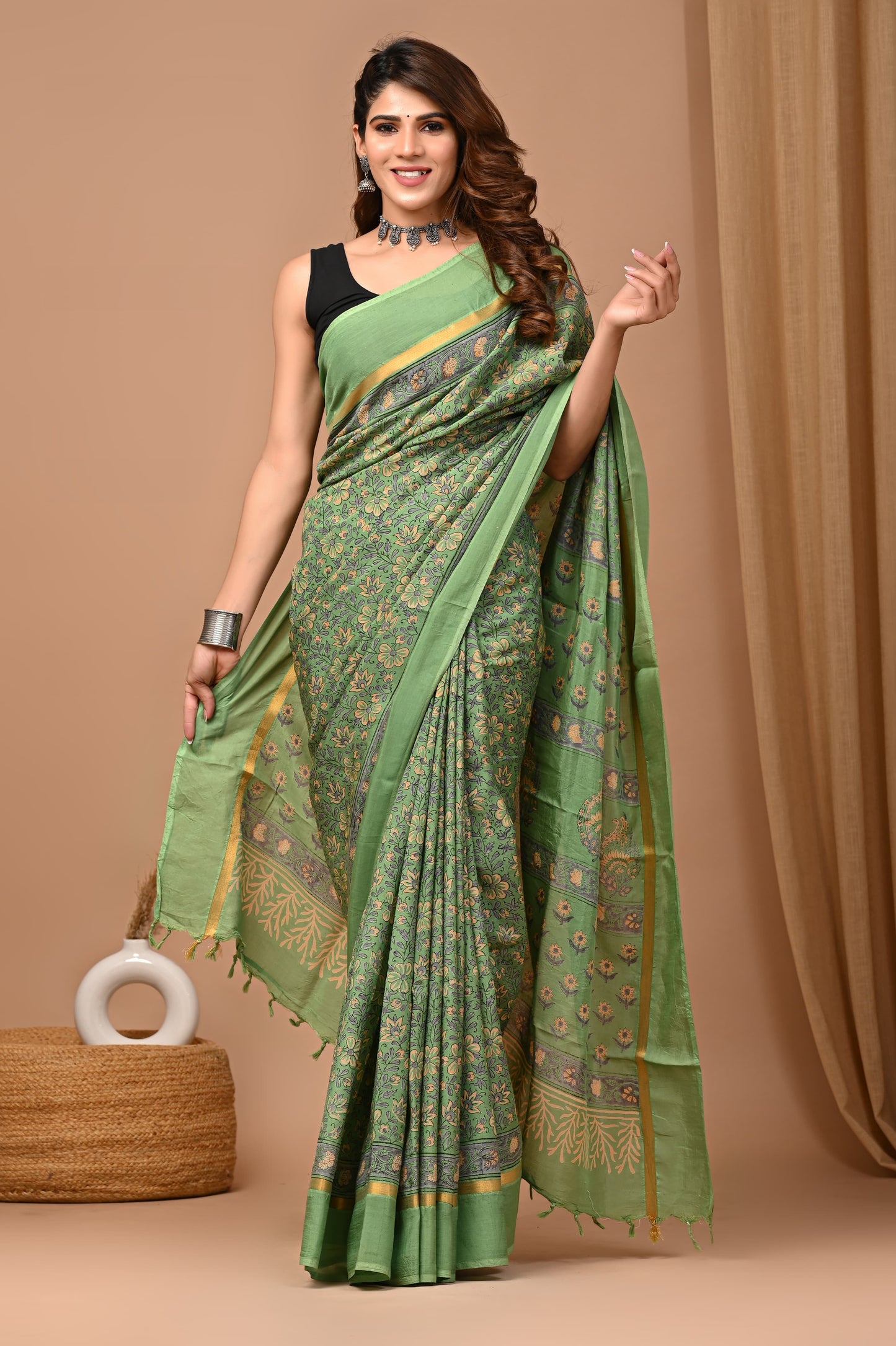 Assam Silk Hand-Block Printed Saree