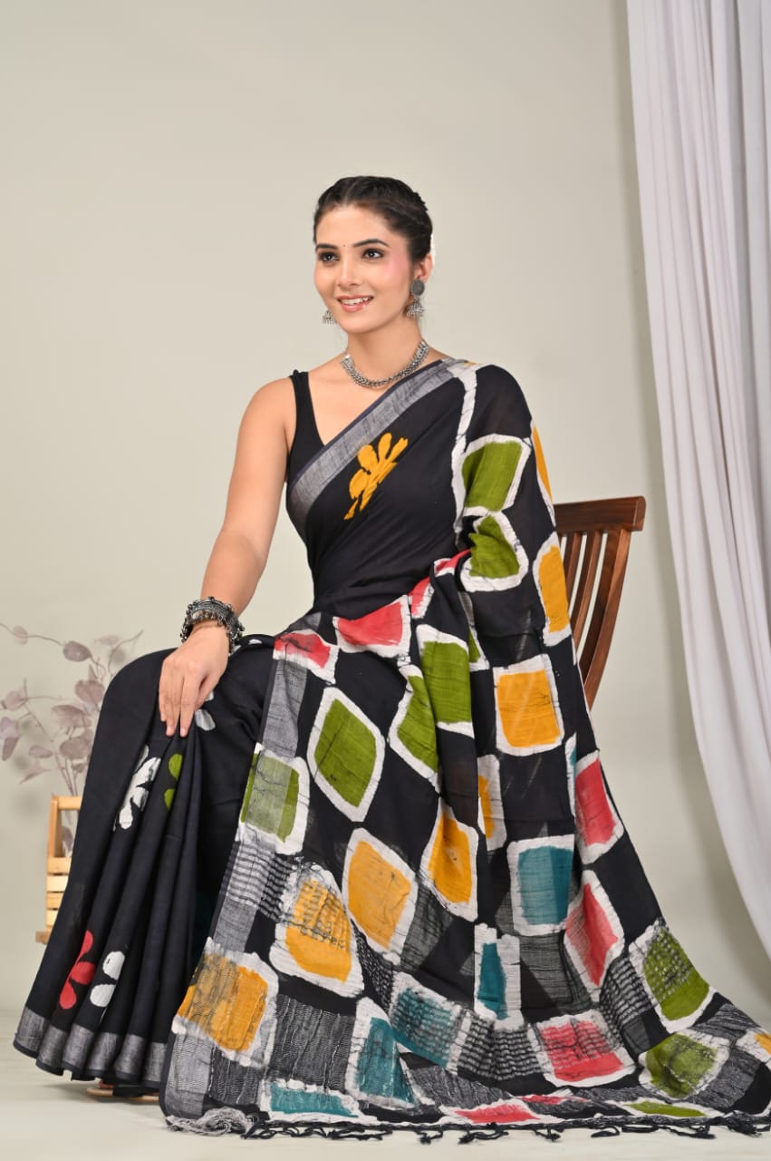 Hand Block Printed Linen Saree with Blouse