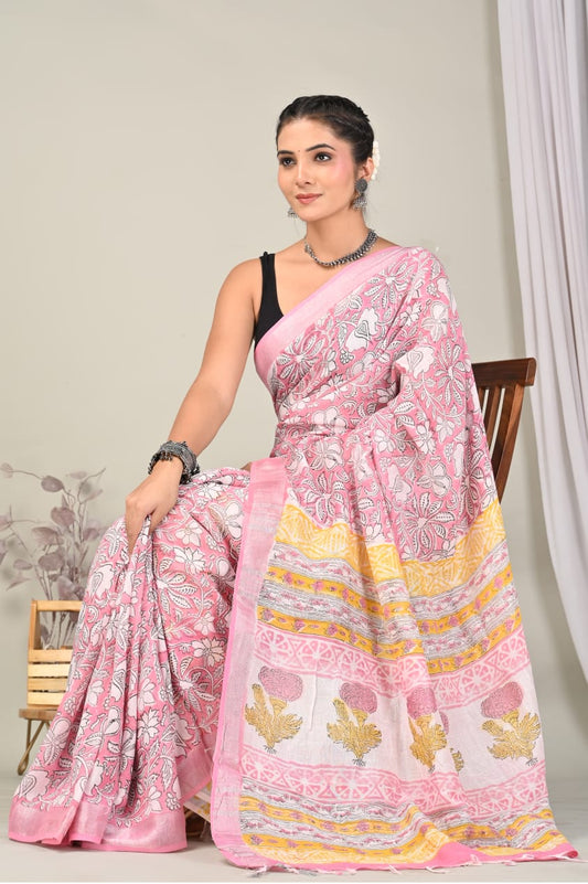 Hand Block Printed Linen Saree with Blouse