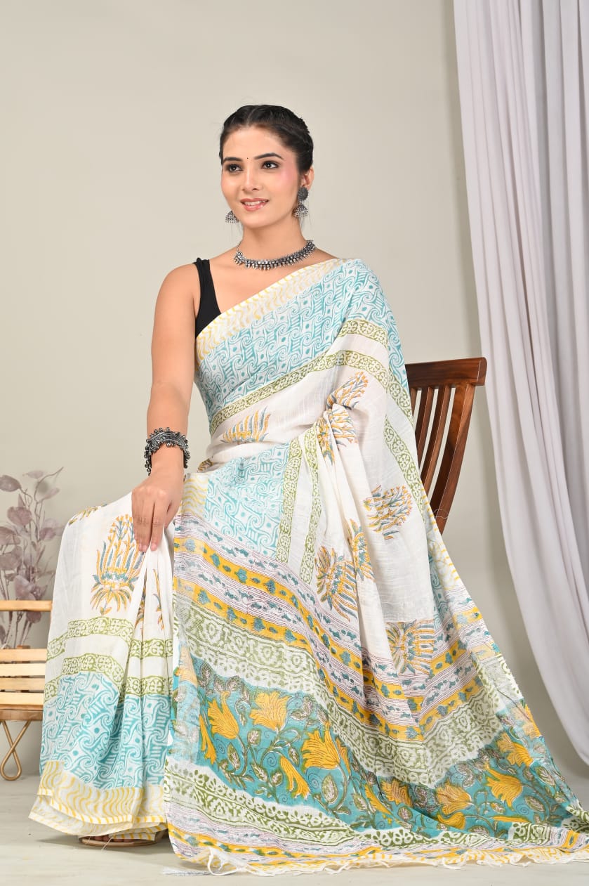 Hand Block Printed Linen Saree with Blouse