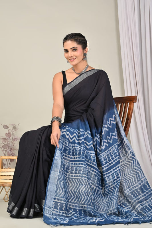 Hand Block Printed Linen Saree with Blouse