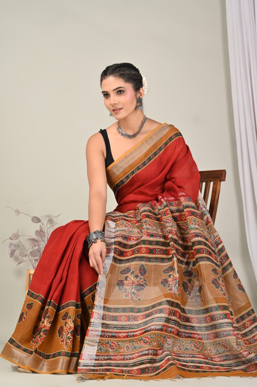 Hand Block Printed Linen Saree with Blouse