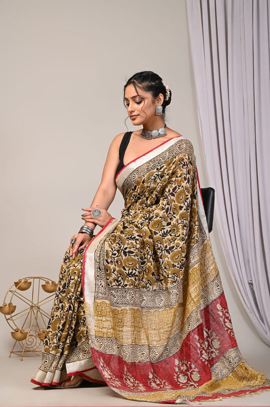 Hand Block Printed Linen Saree with Blouse