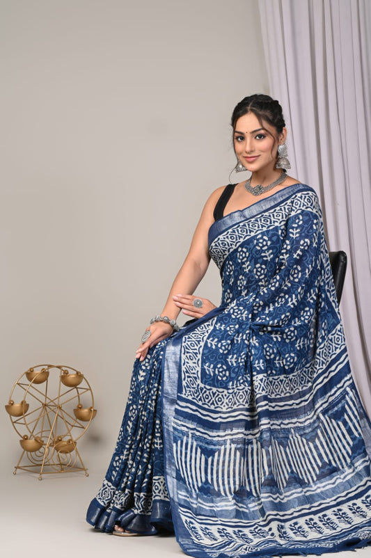 Hand Block Printed Linen Saree with Blouse