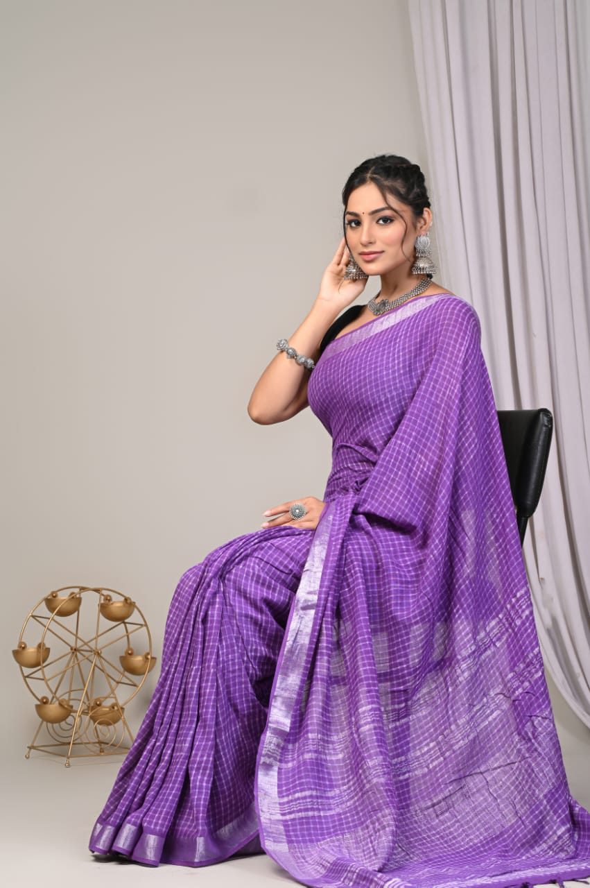 Hand Block Printed Linen Saree with Blouse