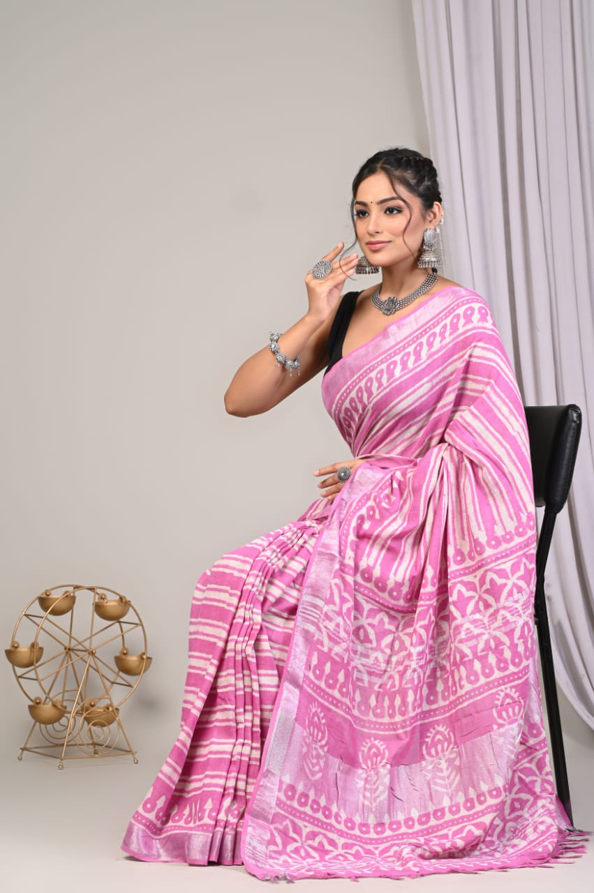 Hand Block Printed Linen Saree with Blouse