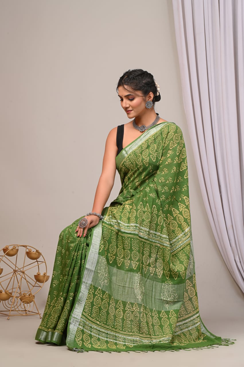 Hand Block Printed Linen Saree with Blouse