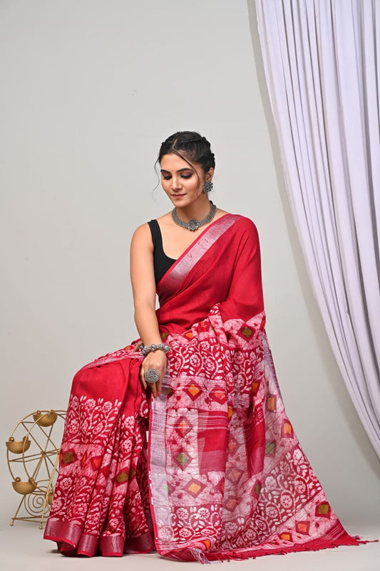 Hand Block Printed Linen Saree with Blouse