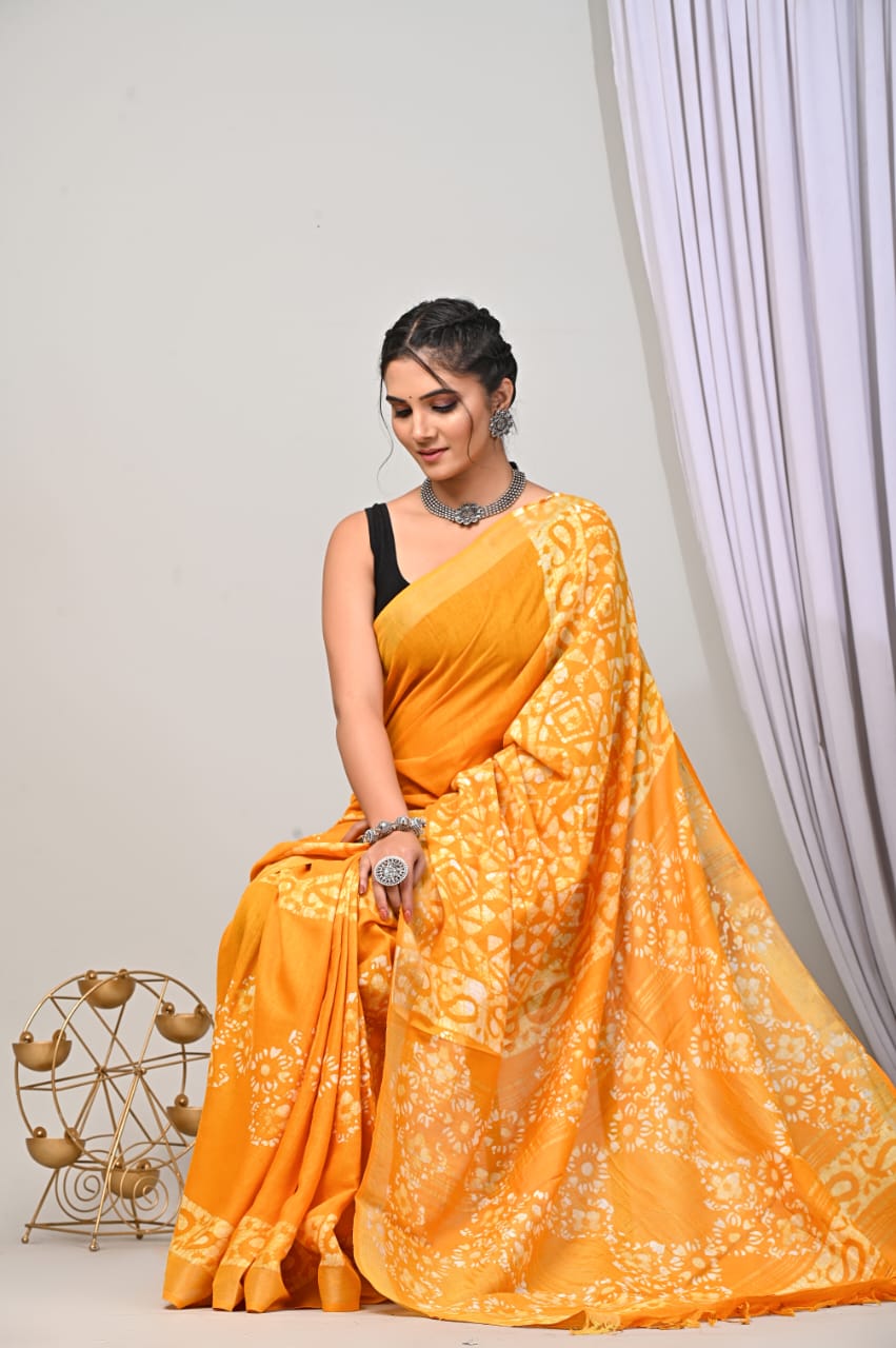 Hand Block Printed Linen Saree with Blouse