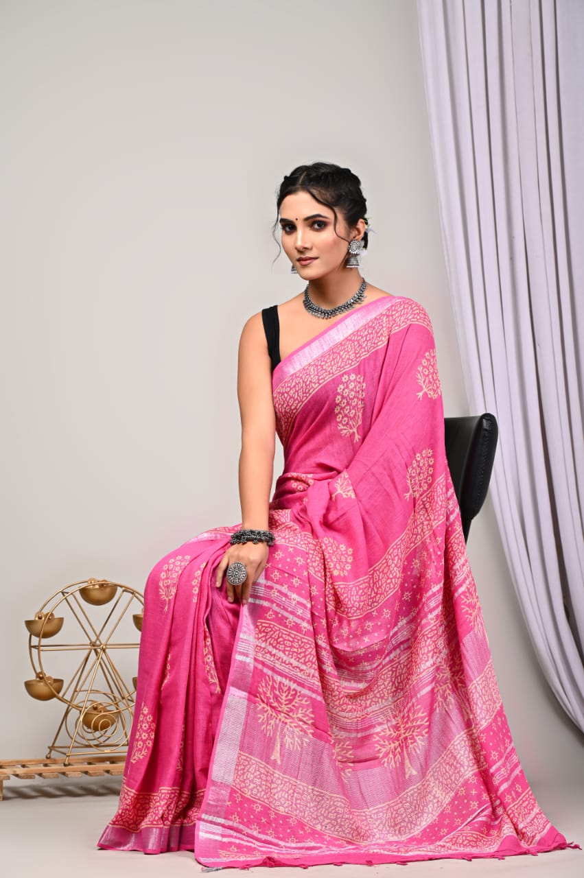 Hand Block Printed Linen Saree with Blouse