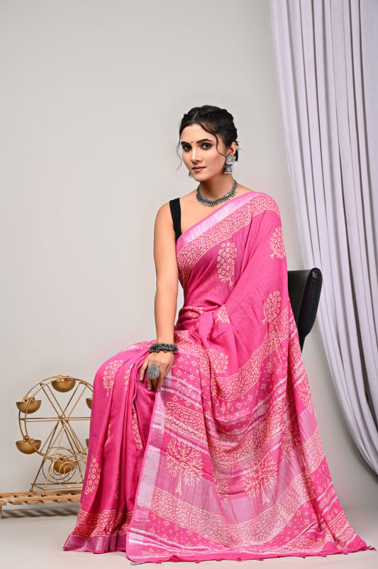 Hand Block Printed Linen Saree with Blouse