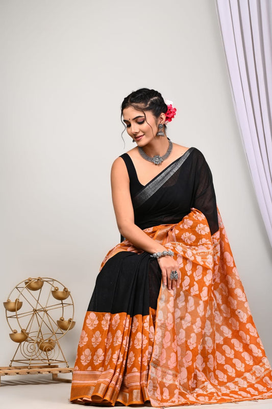 Hand Block Printed Linen Saree with Blouse