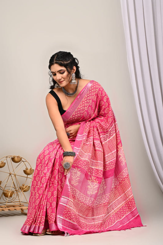 Hand Block Printed Linen Saree with Blouse