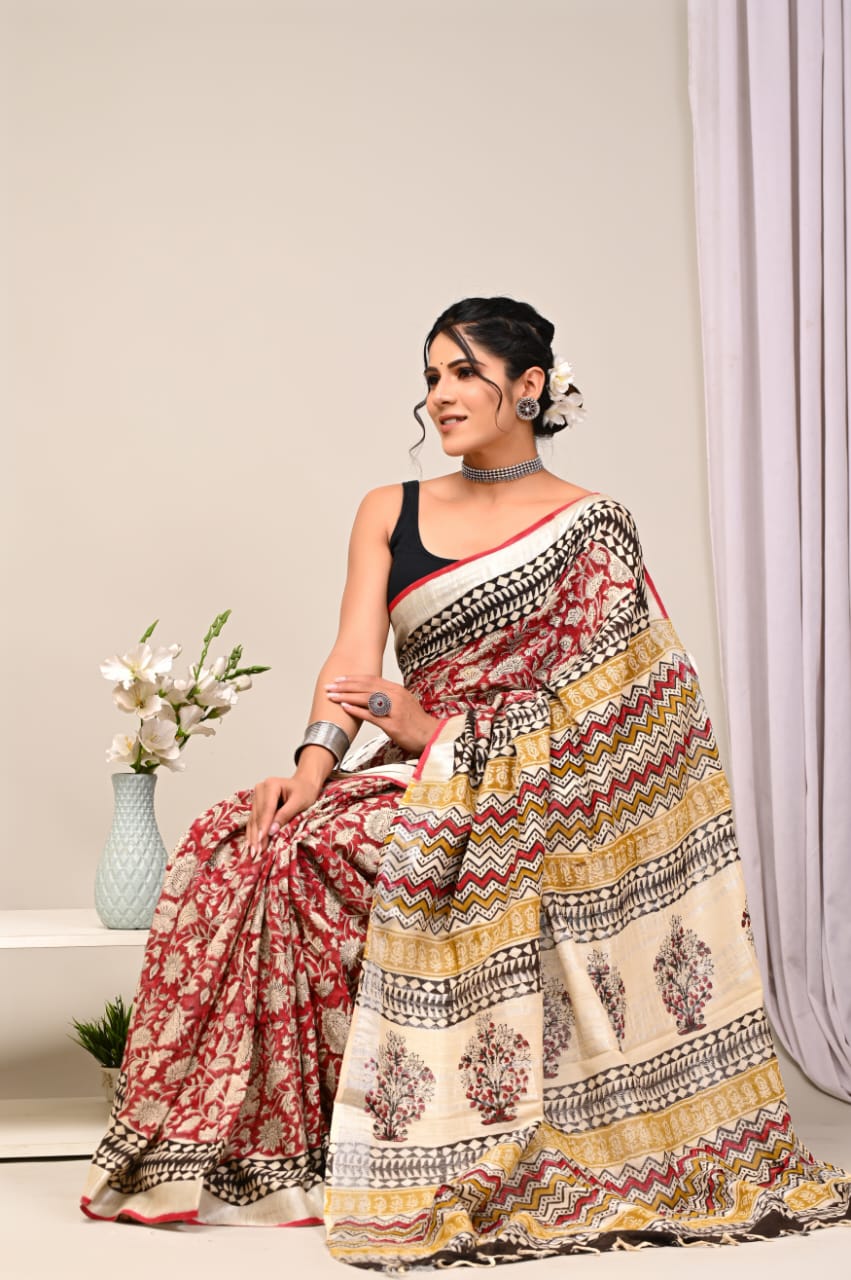 Hand Block Printed Linen Saree with Blouse