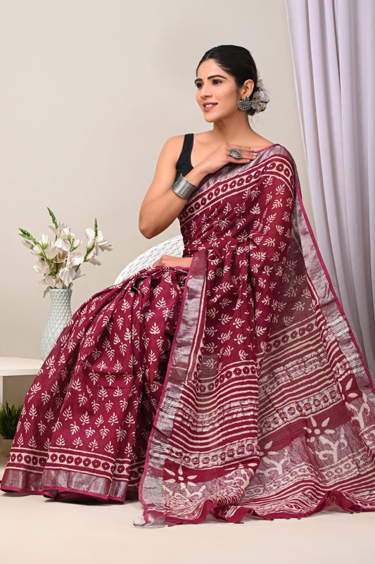 Hand Block Printed Linen Saree with Blouse