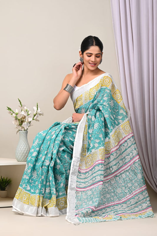 Hand Block Printed Linen Saree with Blouse