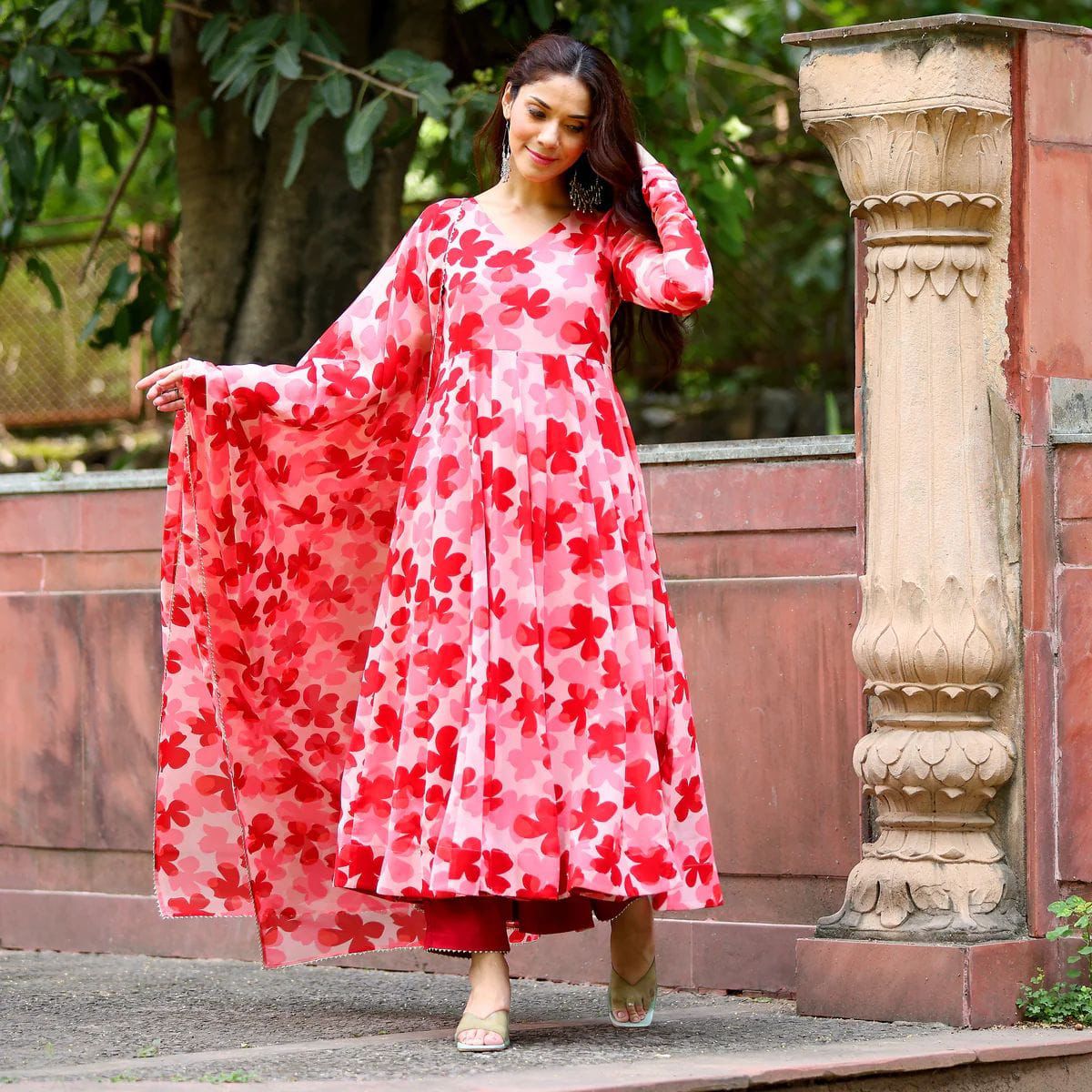 Classic Pink Flower Gown with Dupatta