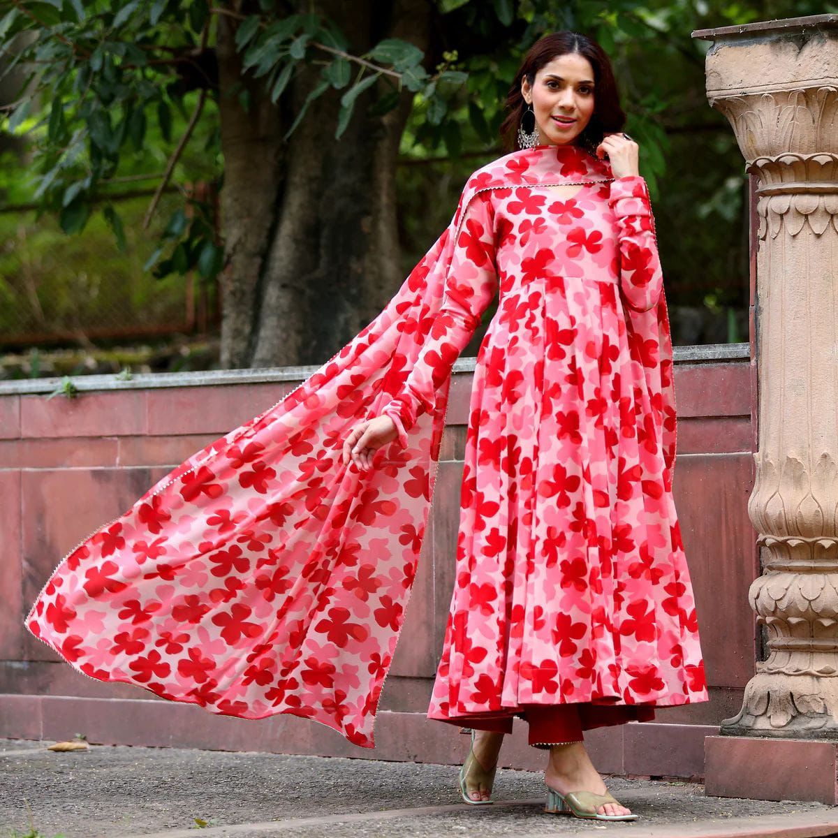 Classic Pink Flower Gown with Dupatta