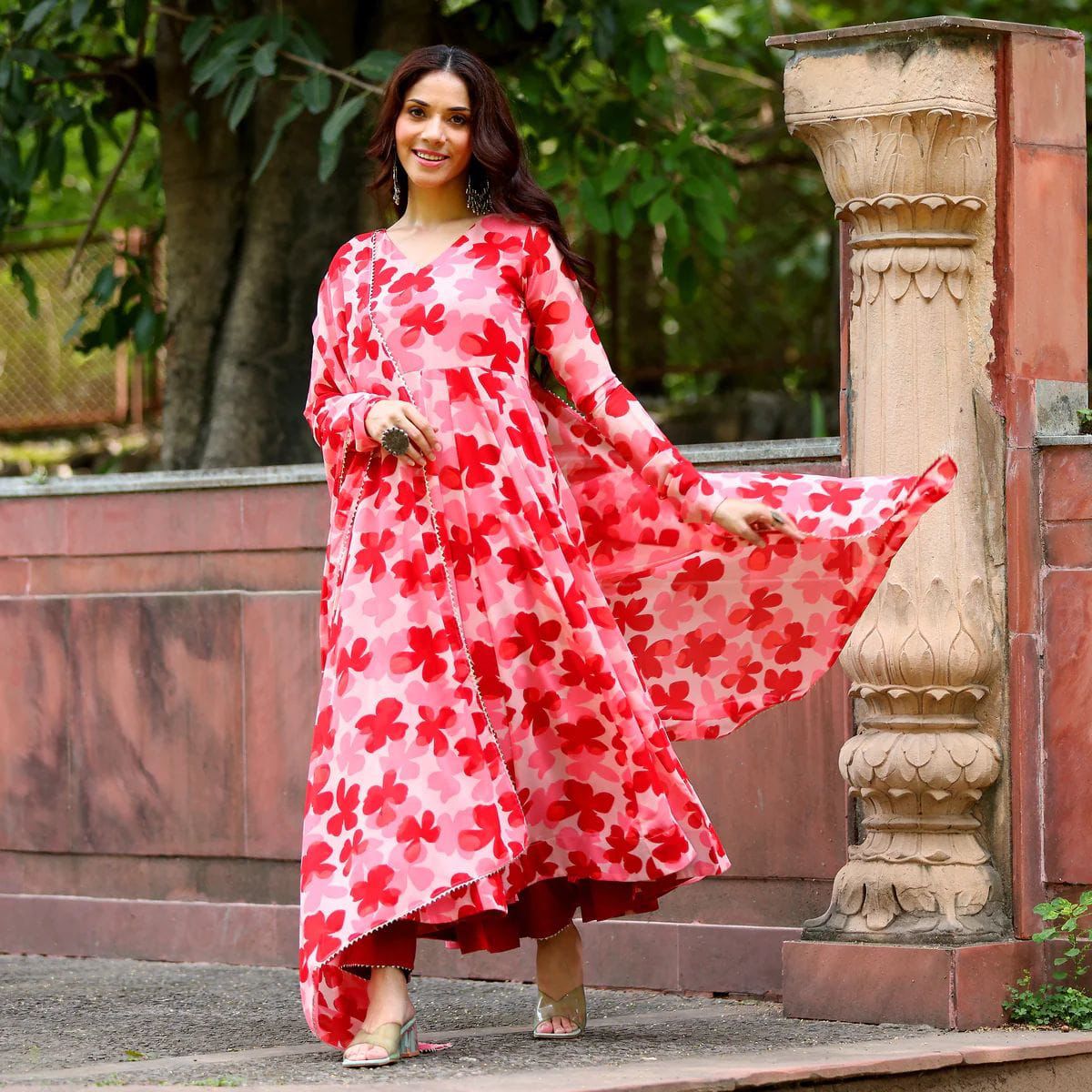 Classic Pink Flower Gown with Dupatta