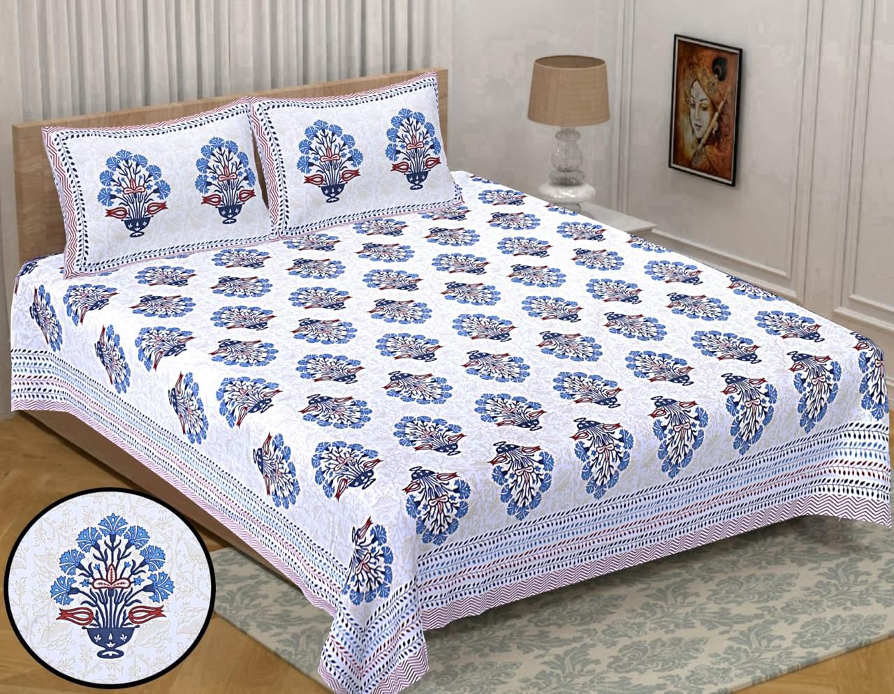 Jumbo Size Pure Hand Block Super King Size Cotton Bedsheets with 2 Zipped Reversible Pillow Covers