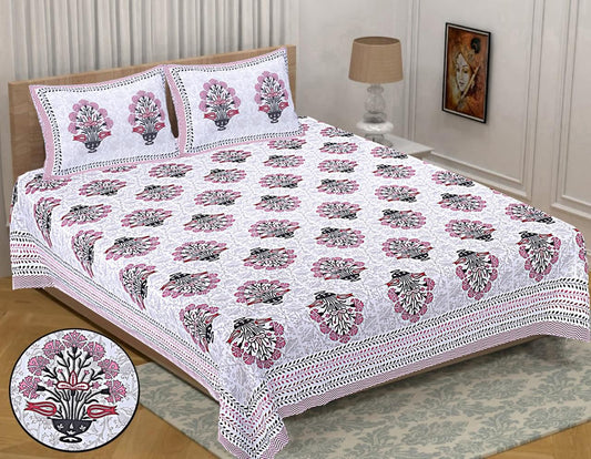 Jumbo Size Pure Hand Block Super King Size Cotton Bedsheets with 2 Zipped Reversible Pillow Covers