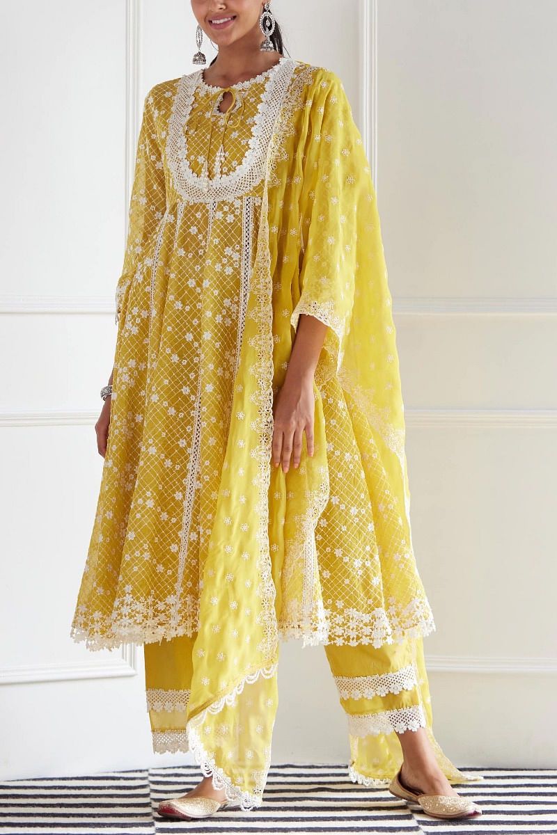 Exquisite 3-piece Yellow Anarkali Gown Set