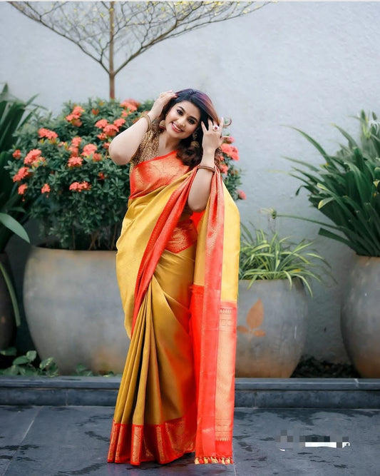 Yellow Color Luxurious Banarasi Soft Tissue Silk Saree