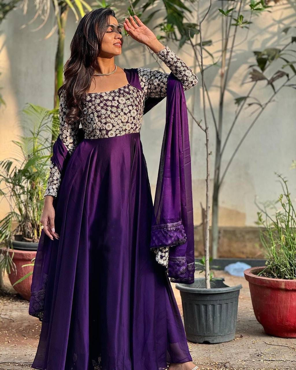 Premium Georgette Ivory Purple Suit