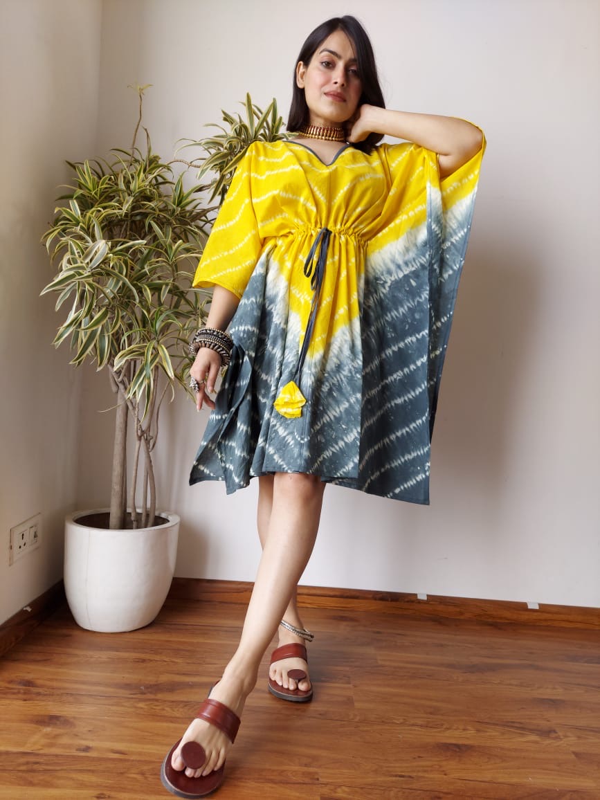 Hand Block Printed Free-Size Short Kaftan Dress