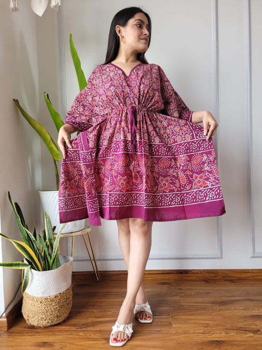 Hand Block Printed Free-Size Short Kaftan Dress