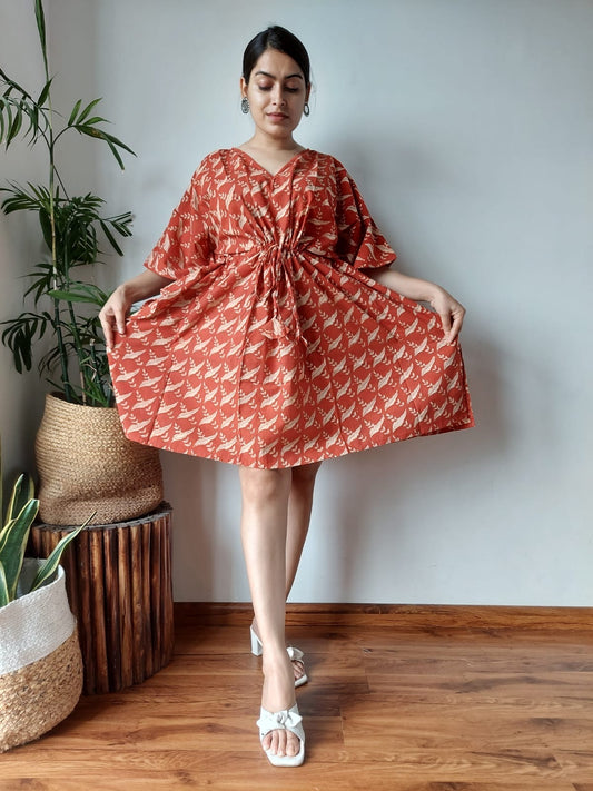 Hand Block Printed Free-Size Short Kaftan Dress