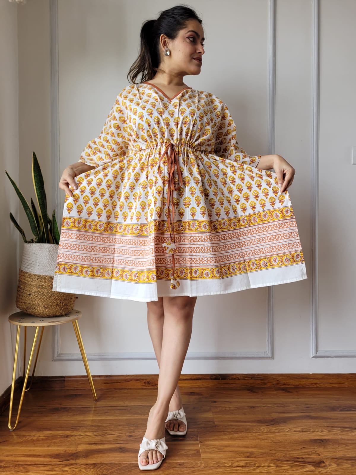 Hand Block Printed Free-Size Short Kaftan Dress