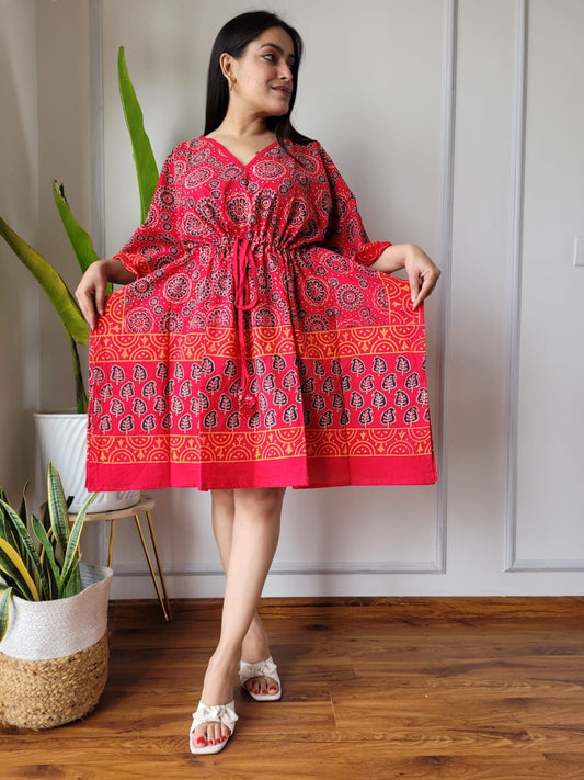 Hand Block Printed Free-Size Short Kaftan Dress