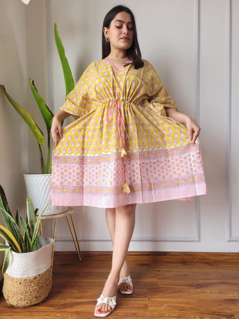 Hand Block Printed Free-Size Short Kaftan Dress