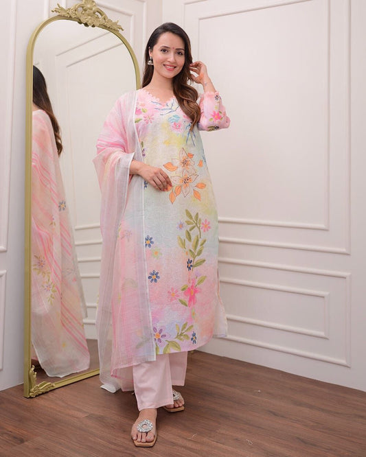 Elegant Linen Cotton Suit with Hand Embroidery & Schiffli Cutwork