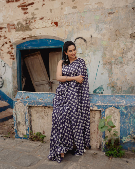 New Indigo Color Hand Batik Printed Saree