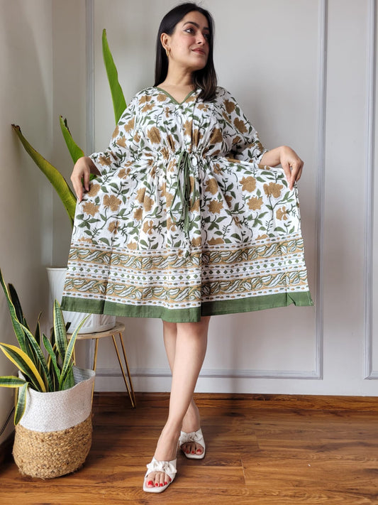 Hand Block Printed Free-Size Short Kaftan Dress