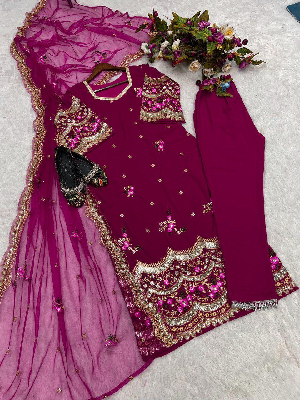 Cherry Pink Georgette Sequined Ensemble